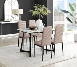 FurnitureboxUK Carson White Marble Effect Dining Table & 4 Milan Black Leg Chairs in Beige