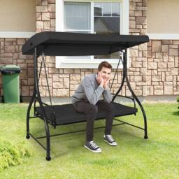 Costway Patio Swing 3-Person Convertible Canopy Swing w/Cushion Seats-Black in Black - thumbnail 6
