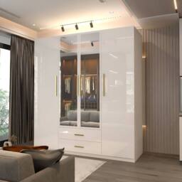MN Furniture Modern High Gloss 4 Door Mirrored Wardrobe with Gold Handles 160cm in White - thumbnail 1