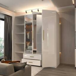 MN Furniture Modern High Gloss 4 Door Mirrored Wardrobe with Gold Handles 160cm in White - thumbnail 3