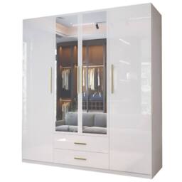 MN Furniture Modern High Gloss 4 Door Mirrored Wardrobe with Gold Handles 160cm in White - thumbnail 2
