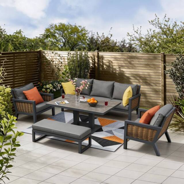 FURNITURE ONE 7 Seater Aluminium Rattan Patio Sofa Set with Rising Table in Grey - image 1