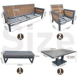 FURNITURE ONE 7 Seater Aluminium Rattan Patio Sofa Set with Rising Table in Grey - thumbnail 3
