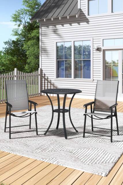 H&O Direct Cast Aluminum Round Outdoor Garden Dining Table with 2 Folding Chairs in Black