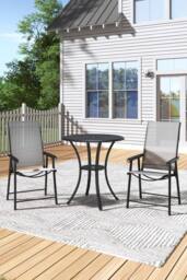 H&O Direct Cast Aluminum Round Outdoor Garden Dining Table with 2 Folding Chairs in Black - thumbnail 1