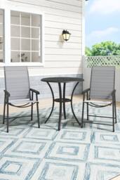 H&O Direct Cast Aluminum Round Outdoor Garden Dining Table with 2 Folding Chairs in Black - thumbnail 2