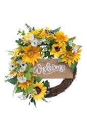 Living and Home D40cm Artificial Sunflower Wreath Round Hanging Decoration in Yellow - thumbnail 1