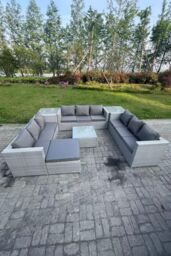 Fimous 10 Seater Wicker Light Grey Lounge Rattan Sofa Set Outdoor Garden Furniture - thumbnail 3