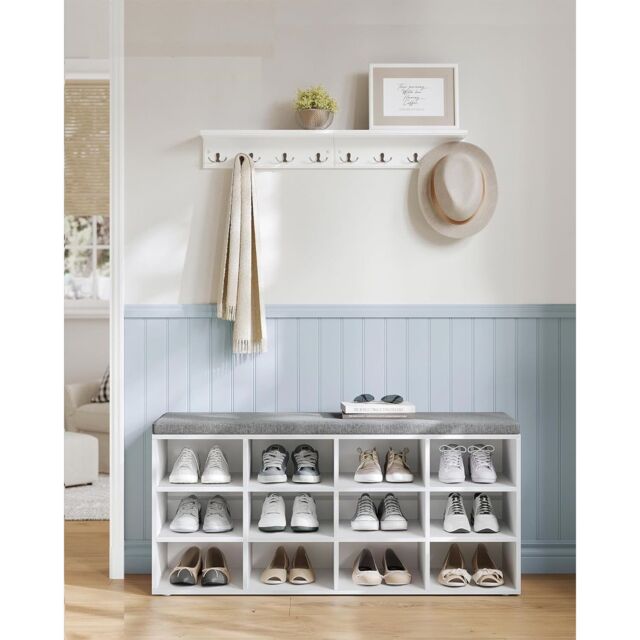 VASAGLE 12 Compartment Shoe Storage Bench Adjustable Shelves Padded Seat in White - image 1