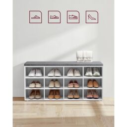 VASAGLE 12 Compartment Shoe Storage Bench Adjustable Shelves Padded Seat in White - thumbnail 5