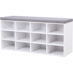 VASAGLE 12 Compartment Shoe Storage Bench Adjustable Shelves Padded Seat in White - thumbnail 8