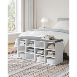 VASAGLE 12 Compartment Shoe Storage Bench Adjustable Shelves Padded Seat in White - thumbnail 2
