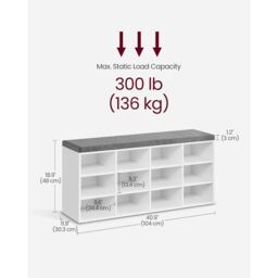 VASAGLE 12 Compartment Shoe Storage Bench Adjustable Shelves Padded Seat in White - thumbnail 3