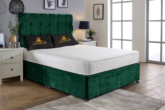 UK Bed Furniture Senator Divan Bed with 2 Drawers Foot End & 26 Inch headboard in Green - Size: Small Double - image 1