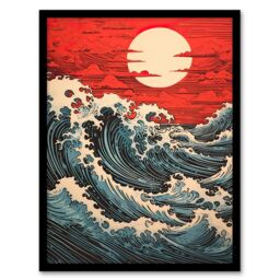 Artery8 Wall Art Print Red Sunset Clouds & Storm Great Wave Off-Kanagawa Framed - Size: A4 - thumbnail 1