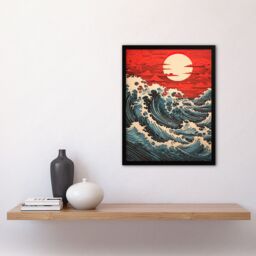 Artery8 Wall Art Print Red Sunset Clouds & Storm Great Wave Off-Kanagawa Framed - Size: A4 - thumbnail 4