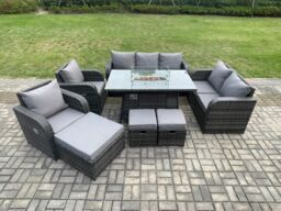 Fimous 10 Seater PE Wicker Outdoor Rattan Garden Furniture Set Propane Gas Fire Pit Table & Sofa Chair set with 3 Footstools in Dark Grey - thumbnail 1