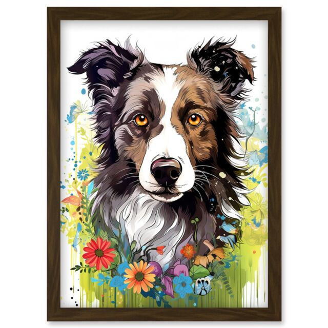 Artery8 Wall Art Print Border Collie Dog Bright Watercolour Painting Floral Portrait with Wildflowers & Butterflies Artwork Framed A4 in Brown - image 1