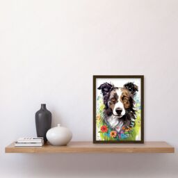 Artery8 Wall Art Print Border Collie Dog Bright Watercolour Painting Floral Portrait with Wildflowers & Butterflies Artwork Framed A4 in Brown - thumbnail 2
