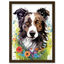Artery8 Wall Art Print Border Collie Dog Bright Watercolour Painting Floral Portrait with Wildflowers & Butterflies Artwork Framed A4 in Brown - thumbnail 1
