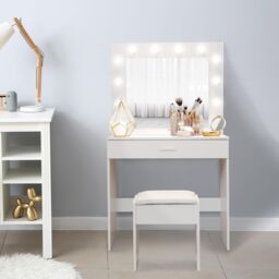 Alivio Hollywood Dressing Table with LED Lights Mirror, Vanity Table Set with Drawer & Cushioned Stool in White - thumbnail 6