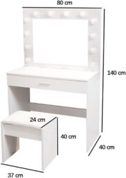 Alivio Hollywood Dressing Table with LED Lights Mirror, Vanity Table Set with Drawer & Cushioned Stool in White - thumbnail 2