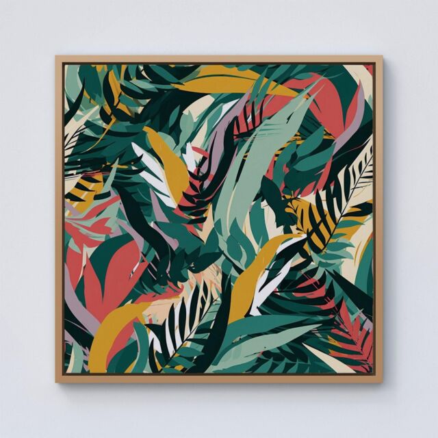"Warren Reed - Designer Coloured Tropical Leaves Framed Canvas in Light Brown - Size: W30"" x H30""" - image 1