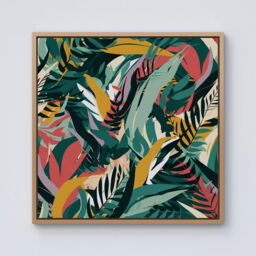 "Warren Reed - Designer Coloured Tropical Leaves Framed Canvas in Light Brown - Size: W30"" x H30""" - thumbnail 1