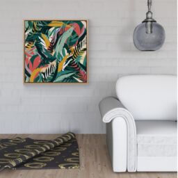 "Warren Reed - Designer Coloured Tropical Leaves Framed Canvas in Light Brown - Size: W30"" x H30""" - thumbnail 2