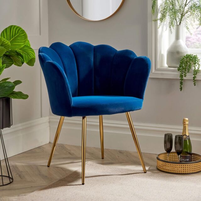 Home Source Boucle Fabric Scallop Shell Chair Wing Back Armchair Sofa Gold Legs in Navy - image 1
