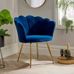 Home Source Boucle Fabric Scallop Shell Chair Wing Back Armchair Sofa Gold Legs in Navy