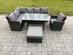 Fimous 8 Seater Outdoor Rattan Garden Furniture Set with Rectangular Dining Table Big Footstool Armchair Patio Corner Sofa Set in Dark Grey - thumbnail 2