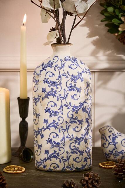 Dibor Vintage Luxury Solene Blue Botanical Bottle Vase H31 x W14cm in Cream - Size: Large - image 1