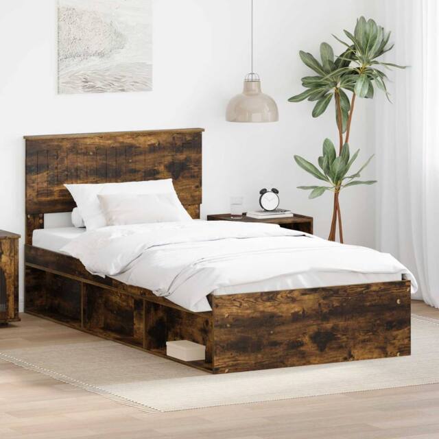Berkfield Home Bed Frame Smoked Oak 100 x 200 cm Solid Pine Wood in Brown - image 1