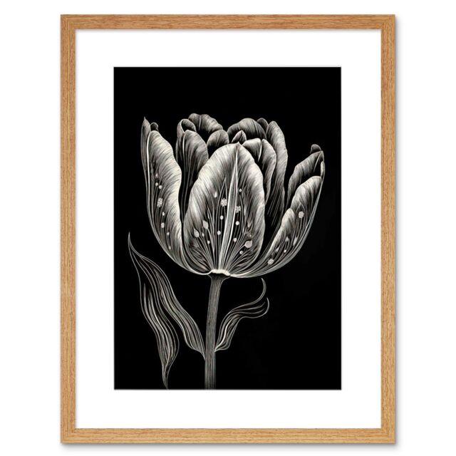 "Artery8 Wall Art Print Tulip Flower White on Black Blind Contour Folk Artwork Framed 9X7 Inch in Beige - Size: W7"" x H9""" - image 1
