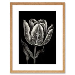 "Artery8 Wall Art Print Tulip Flower White on Black Blind Contour Folk Artwork Framed 9X7 Inch in Beige - Size: W7"" x H9""" - thumbnail 1