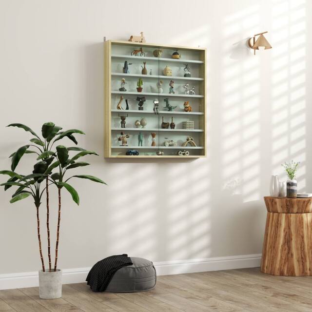 HOMCOM 7-Tier Wall Display Cabinet w/ Adjustable Shelves Glass Doors in Light Brown - Size: Large - image 1