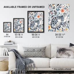 "Artery8 Snow Leopard Blue Orange Floral Watercolour Wall Art Print - Size: W24"" x H32""" - thumbnail 3