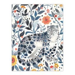 "Artery8 Snow Leopard Blue Orange Floral Watercolour Wall Art Print - Size: W24"" x H32""" - thumbnail 1