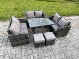 Fimous Outdoor Rattan Garden Furniture Set 8 Seater Patio Love Sofa Set with Rectangular Dining Table 2 Small Footstool Dark Grey Mixed - thumbnail 2