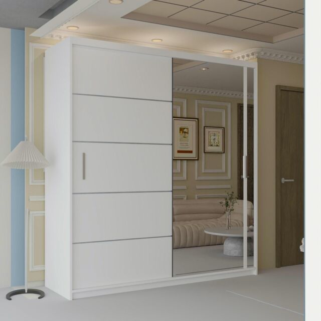 Sliding Wardrobes 4U Modern Mirror Wardrobe with Top LED Lighting W180cm in White - image 1