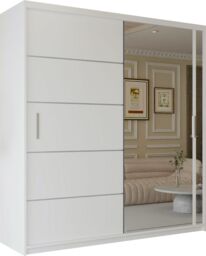 Sliding Wardrobes 4U Modern Mirror Wardrobe with Top LED Lighting W180cm in White - thumbnail 2