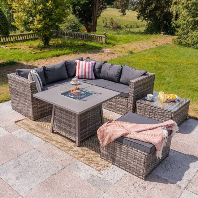 Furniture Maxi Vancouver 6 Seater Rattan Corner Sofa Set with Cubic Fire Pit Table in Grey - image 1
