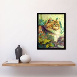 "Artery8 Wall Art Print Siberian Cat in Nature Vibrant Colourful Modern Portrait Art Framed in Black - Size: W12"" x H16""" - thumbnail 2