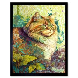 "Artery8 Wall Art Print Siberian Cat in Nature Vibrant Colourful Modern Portrait Art Framed in Black - Size: W12"" x H16""" - thumbnail 1