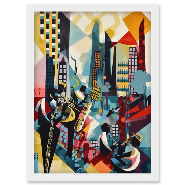 Artery8 Jazz Musicians Playing on an Urban Landscape Rooftop Abstract Modern Watercolour Illustration Artwork Framed Wall Art Print A4 in White - image 1