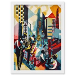 Artery8 Jazz Musicians Playing on an Urban Landscape Rooftop Abstract Modern Watercolour Illustration Artwork Framed Wall Art Print A4 in White - thumbnail 1