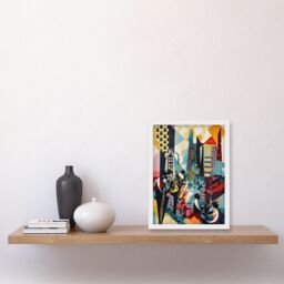 Artery8 Jazz Musicians Playing on an Urban Landscape Rooftop Abstract Modern Watercolour Illustration Artwork Framed Wall Art Print A4 in White - thumbnail 2