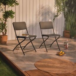 VonHaus Rattan Effect Set of 2 Folding Garden Chairs in Black - thumbnail 2