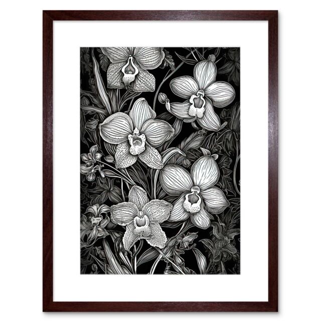 "Artery8 Wall Art Print White on Black Blooming Orchid Flower Plants Artwork Framed 9X7 Inch in Brown - Size: W7"" x H9""" - image 1